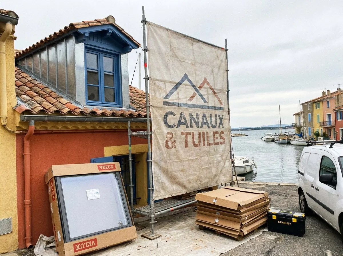 Bâche Canaux & Tuiles sur un échafaudage au bord d'un canal de Martigues, lucarne en zinc et fenêtre de toit Velux en attente de pose